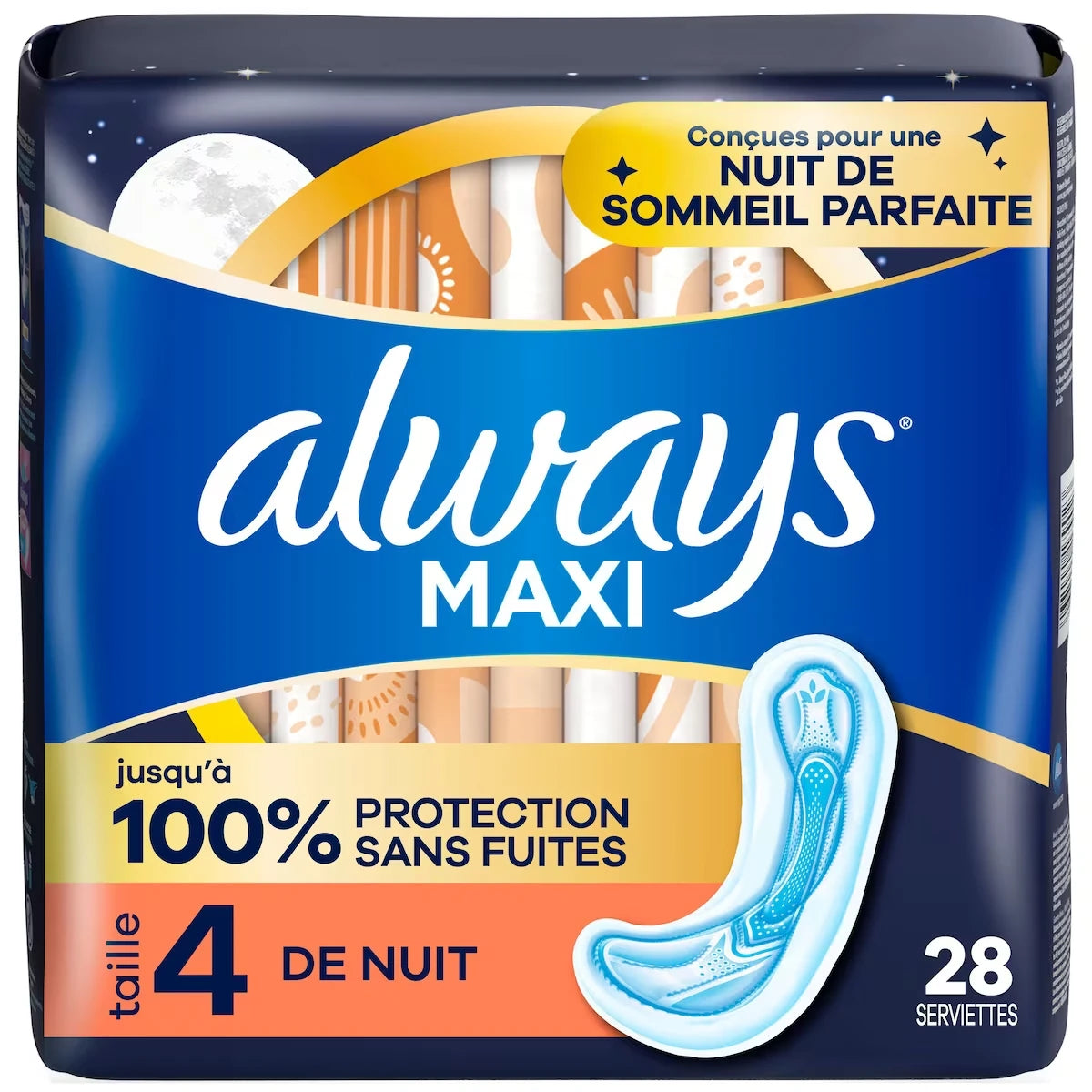 Serviettes Maxi avec ailes, degré d’absorption de nuit, taille 4, non parfumées, 28 serviettes