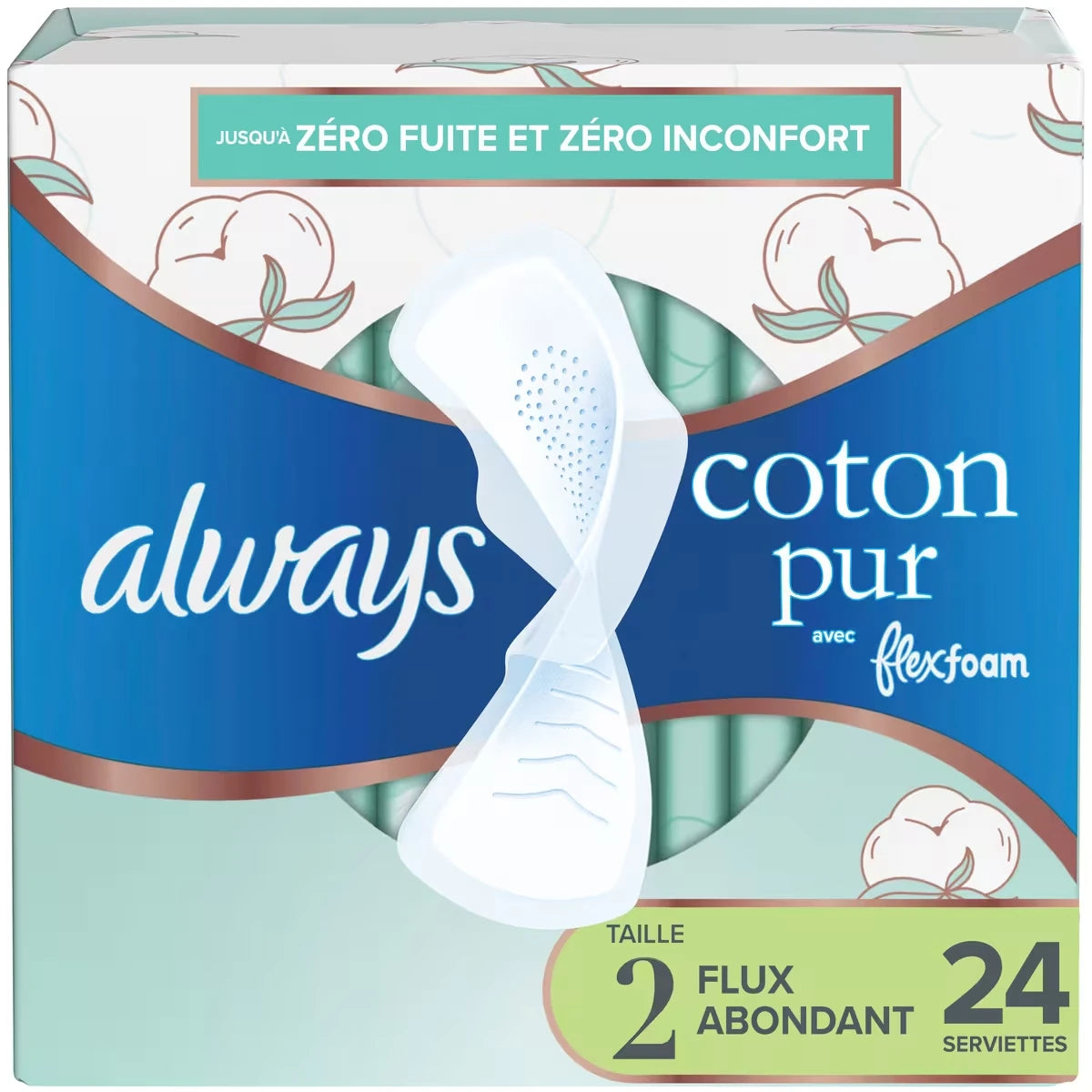 Serviettes Pure Coton avec FlexFoam, flux abondant, taille 2, 24 serviettes