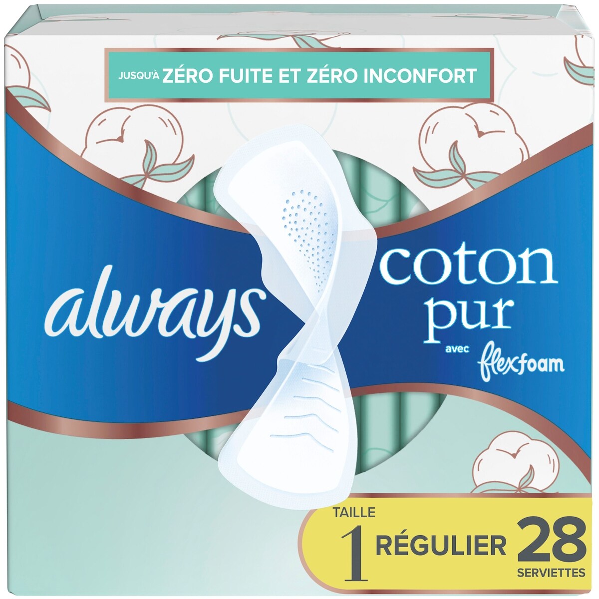 Serviettes Pure Coton avec FlexFoam, degré d’absorption régulier, taille 1, 28 serviettes