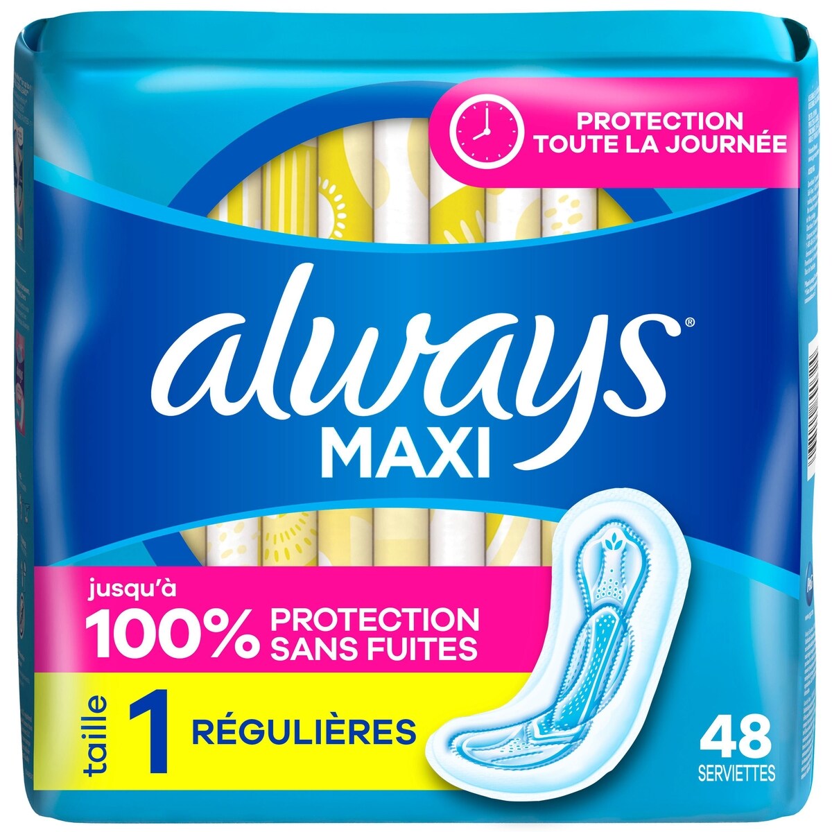 Serviettes Maxi, degré d’absorption régulier, sans ailes, taille 1, non parfumées, 48 serviettes