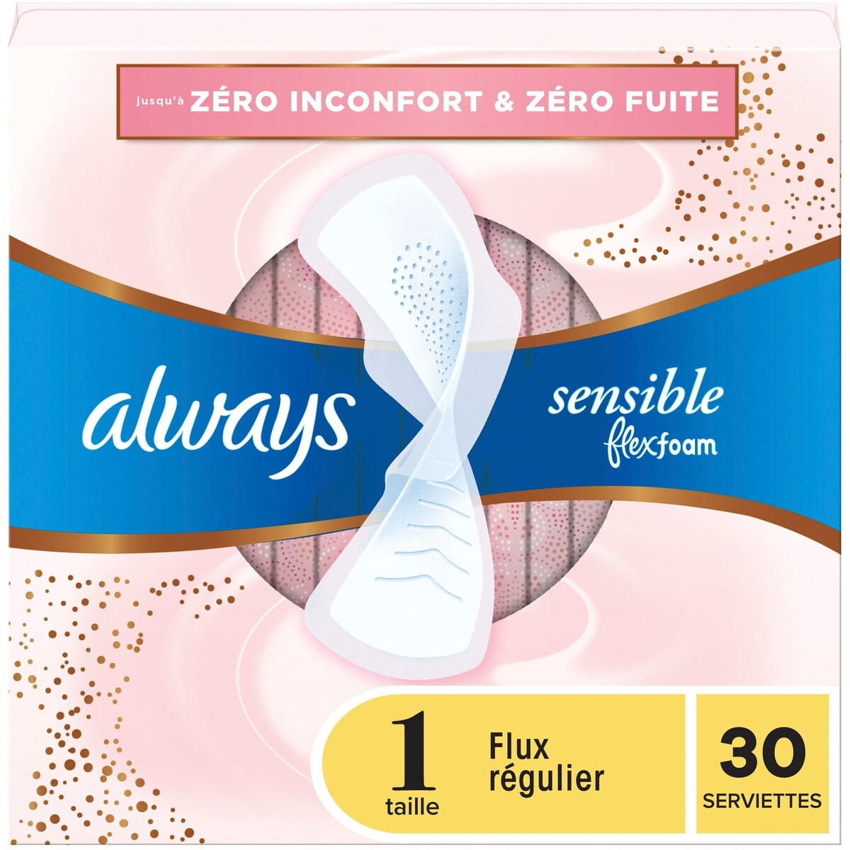 Serviettes Sensitive FlexFoam, taille 2, flux régulier, non parfumées avec ailes, 30u