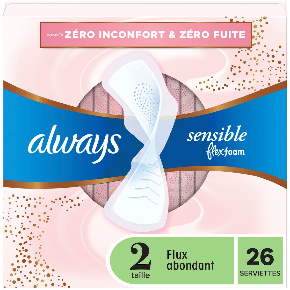 Serviettes Sensitive FlexFoam, taille 2, flux abondant, non parfumées avec ailes, 26u