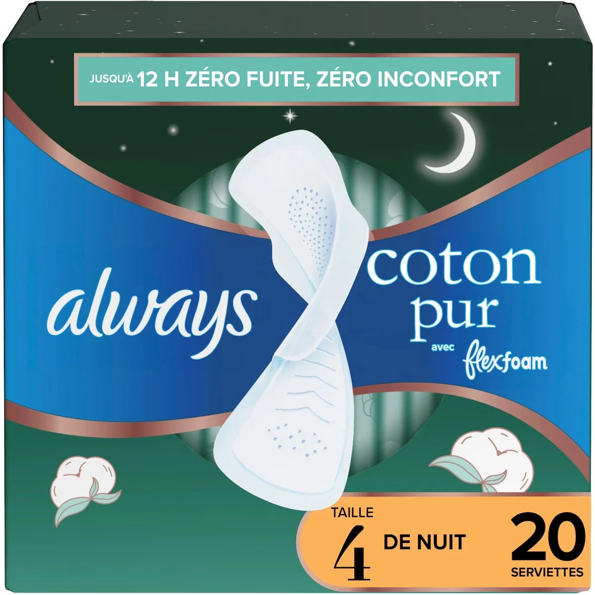 Serviettes Pure Cotton avec FlexFoam, absorption de nuit, taille 4, avec ailes, 20 u