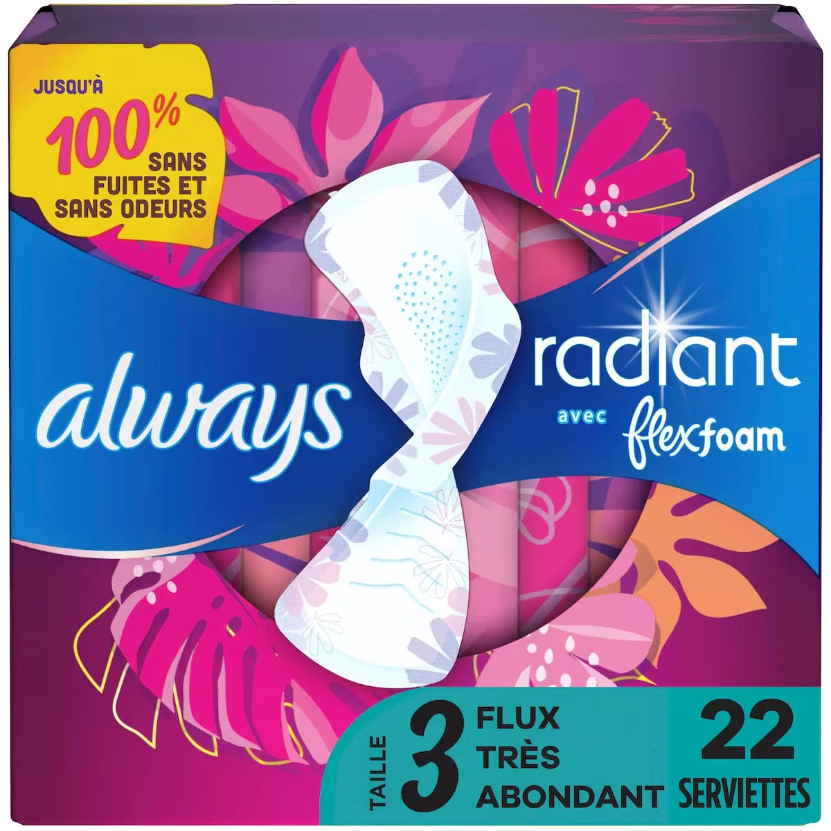 Serviettes Radiant FlexFoam, taille 3,  très abondant, protection sans fuites ni odeurs à 100 %, avec ailes, parfumées, 22u