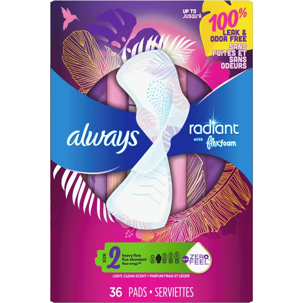 Serviettes Radiant FlexFoam, taille&nbsp;2, degré d’absorption flux abondant, avec ailes, 36&nbsp;u