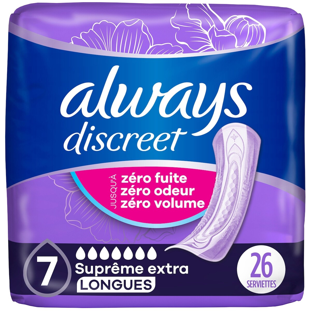 Serviette d’incontinence et de post-partum pour femmes Always Discreet, prot. suprême extra, protège jusqu’à 100 % contre les fuites urinaires, 26 u
