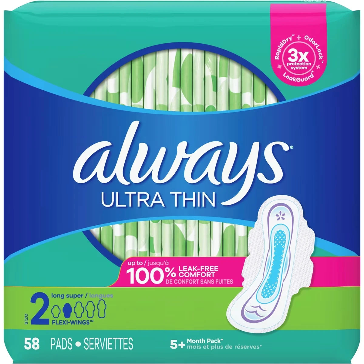 Serviettes féminines Always Ultra Thin, longues, degré d’absorption super, avec ailes, pour femmes, taille&nbsp;2, non parfumées