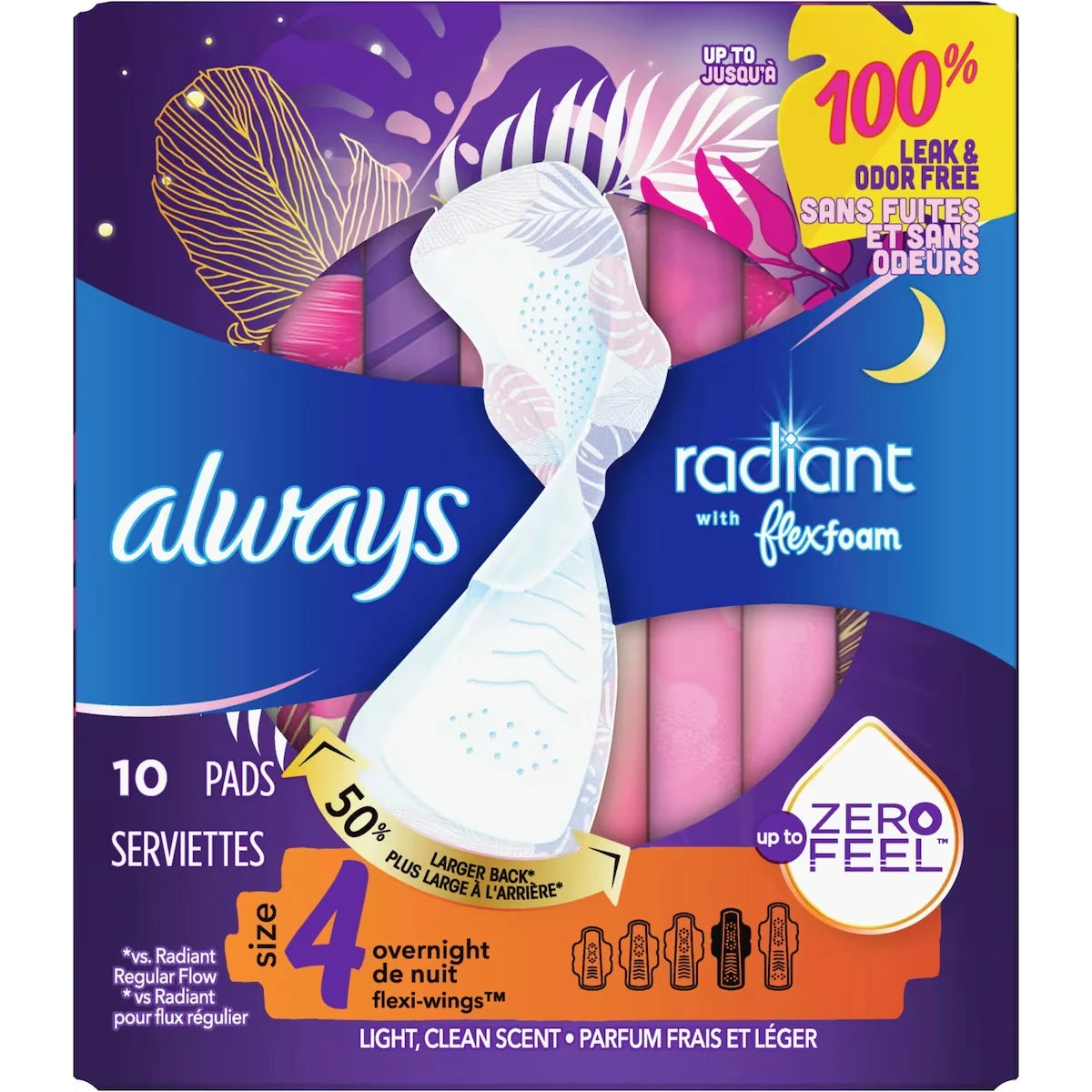 Serviettes Radiant FlexFoam, degré d’absorption de nuit, taille 4, avec ailes, 10 unités