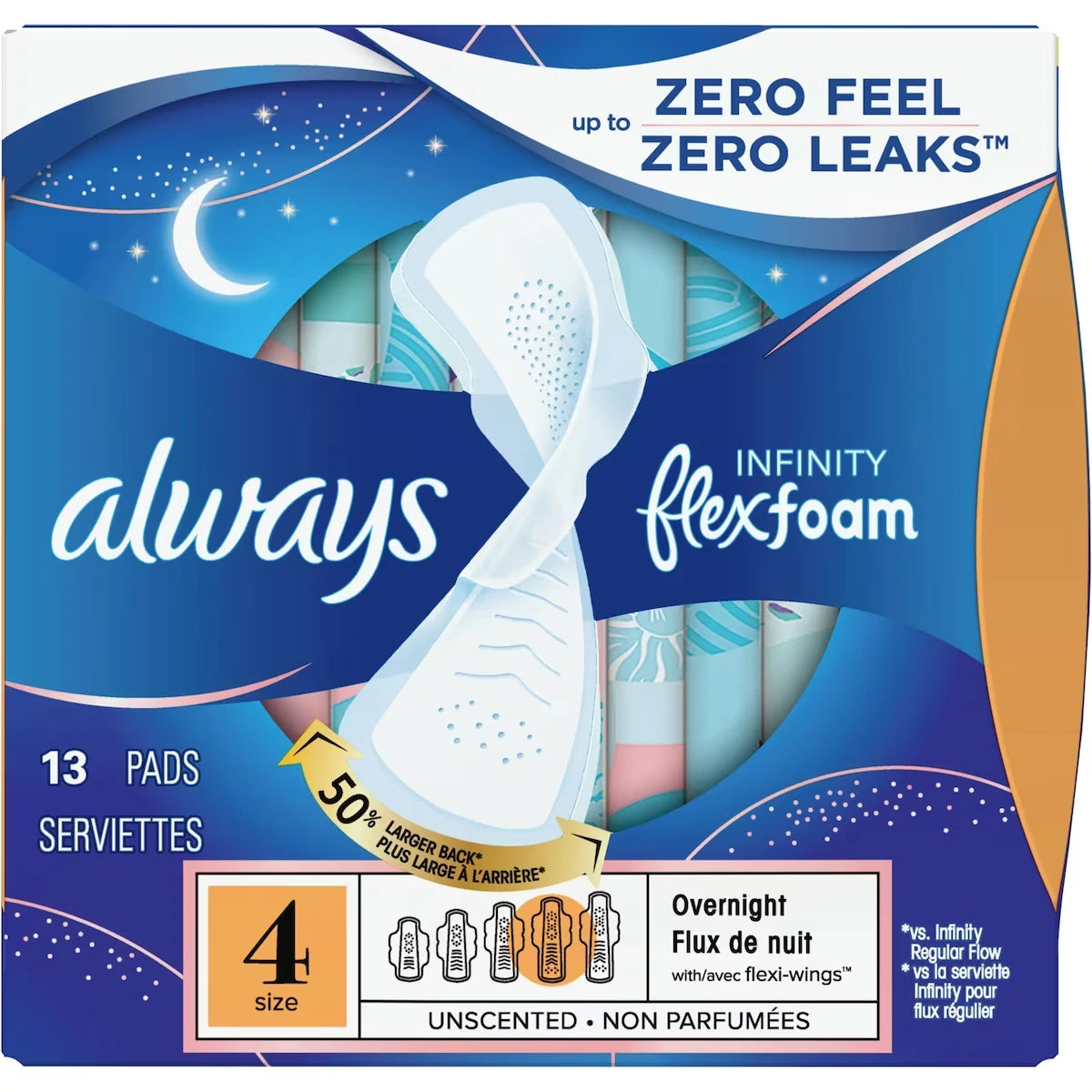 Serviettes Infinity FlexFoam pour femmes, taille 4, degré d’absorption de nuit, 13 unités