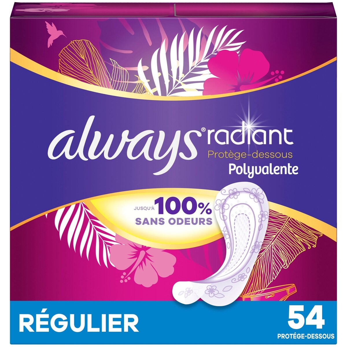 Protège-dessous quotidiens Radiant polyvalents, régulier, non parfumés, 54 u