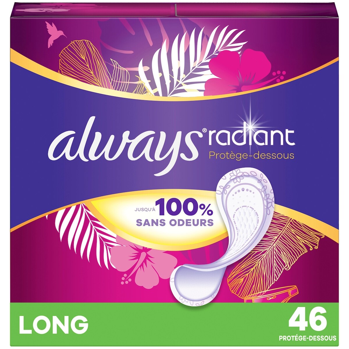 Protège-dessous quotidiens Radiant longs, non parfumés, protection jusqu’à 100 % sans odeurs, 46 protège-dessous