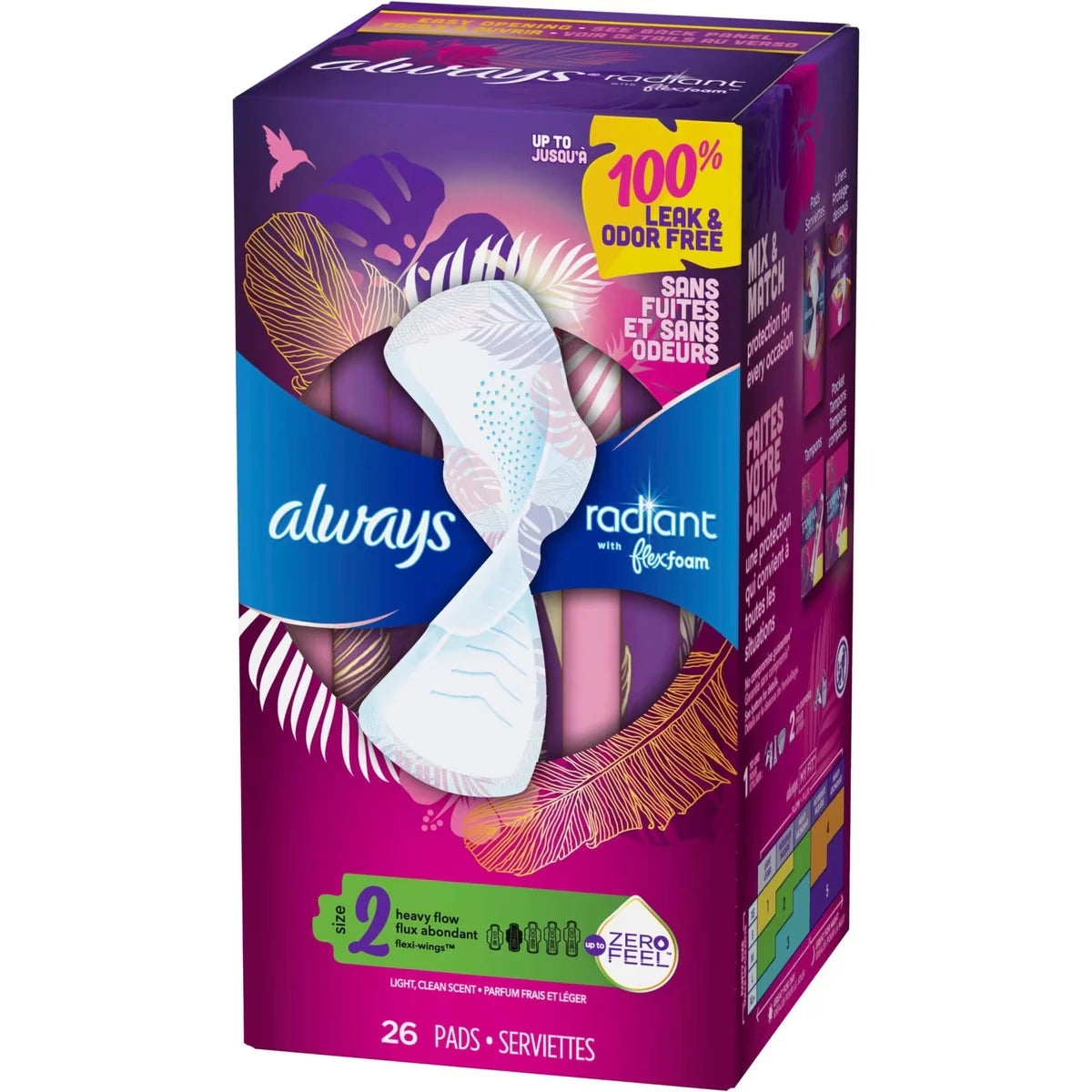 Serviettes Radiant FlexFoam, taille 2, flux abondant, protection sans fuites ni odeurs à 100 %, avec ailes, parfumées, 26 u