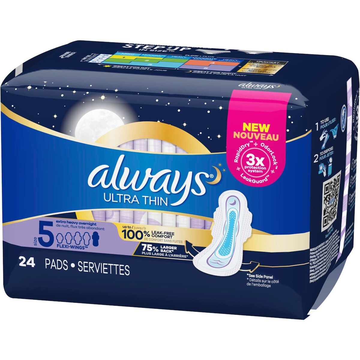 Serviettes Ultra Thin, de nuit, flux très abondant, avec ailes, taille 5, non parfumées, 24 serviettes