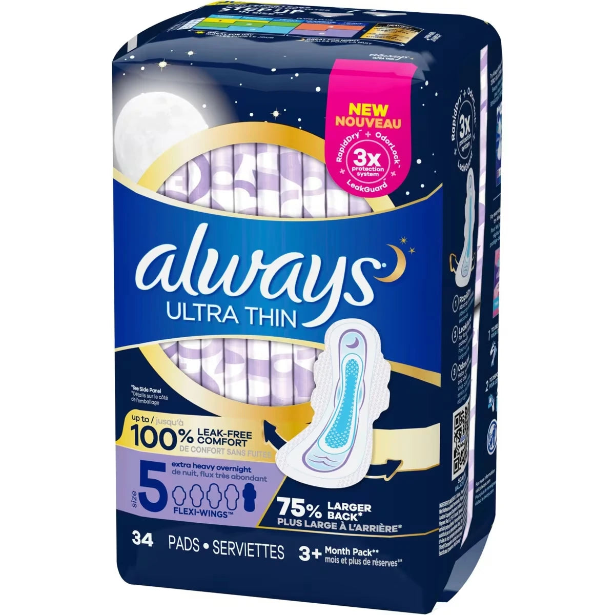 Serviettes Ultra Thin, de nuit, flux très abondant, avec ailes, taille 5, non parfumées, 34 serviettes
