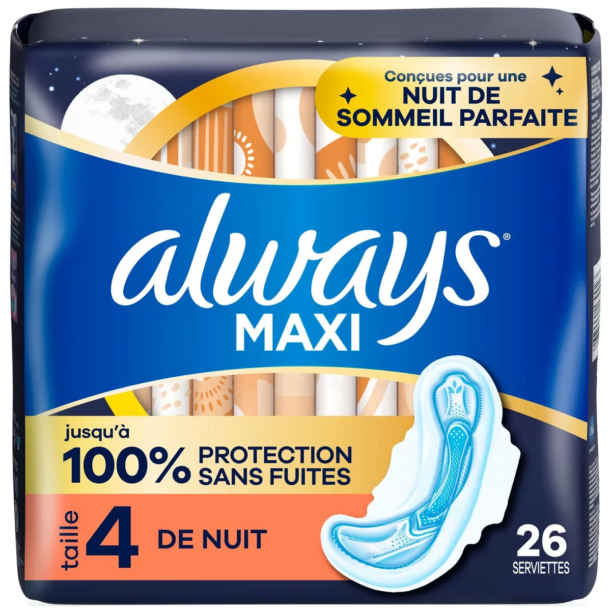 Serviettes Maxi de nuit pour femmes avec ailes, taille&nbsp;4, degré d’absorption de nuit, non parfumées, 26&nbsp;serviettes