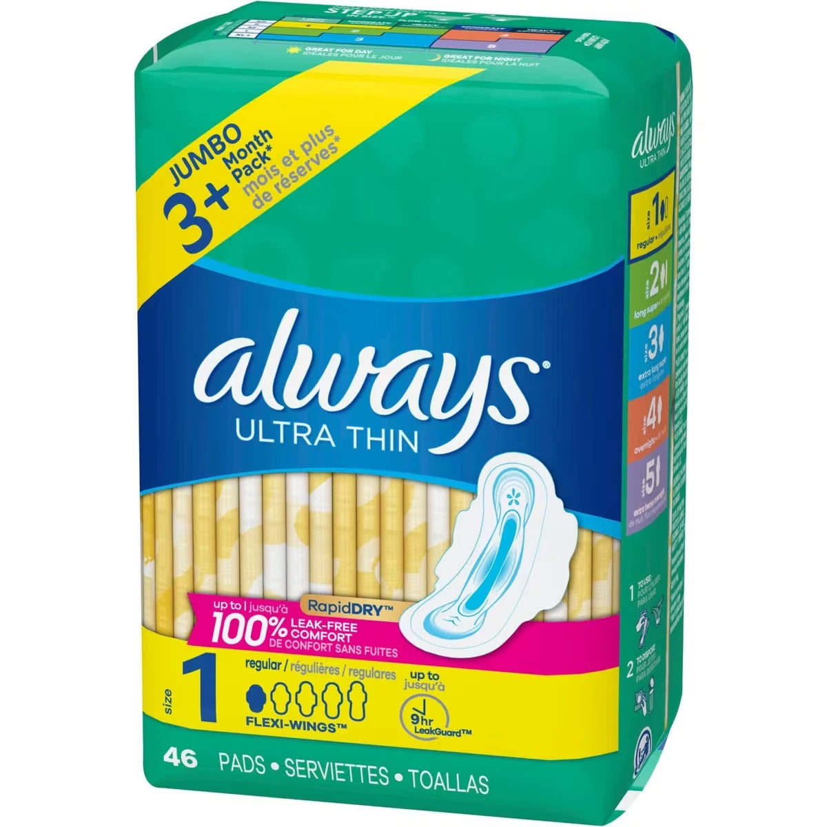 Serviettes Ultra Thin, régulières avec ailes, taille 1, non parfumées, 46 serviettes