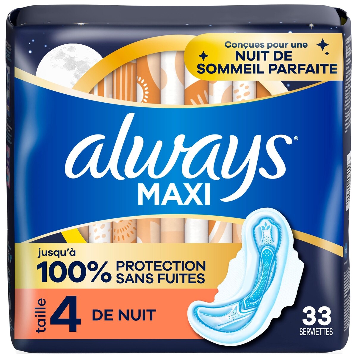 Serviettes Maxi de nuit, degré d’absorption de nuit, avec ailes, pour femmes, taille 4, non parfumées, 33 unités