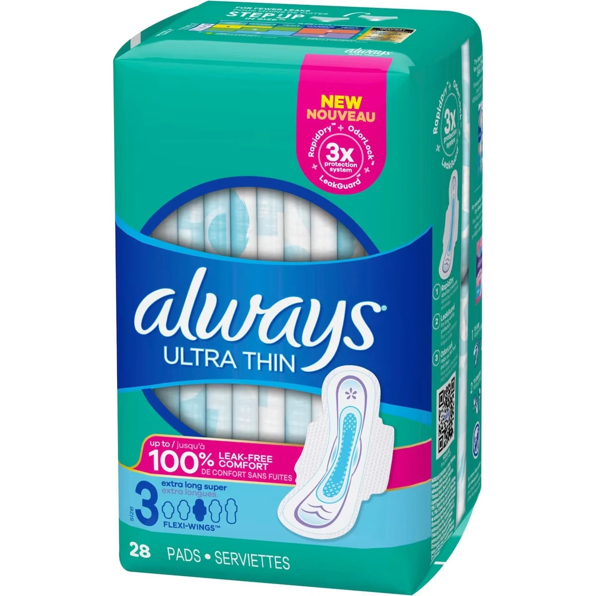 Serviettes Ultra Thin, extra longues Super avec ailes, taille 3, non parfumées, 28 serviettes