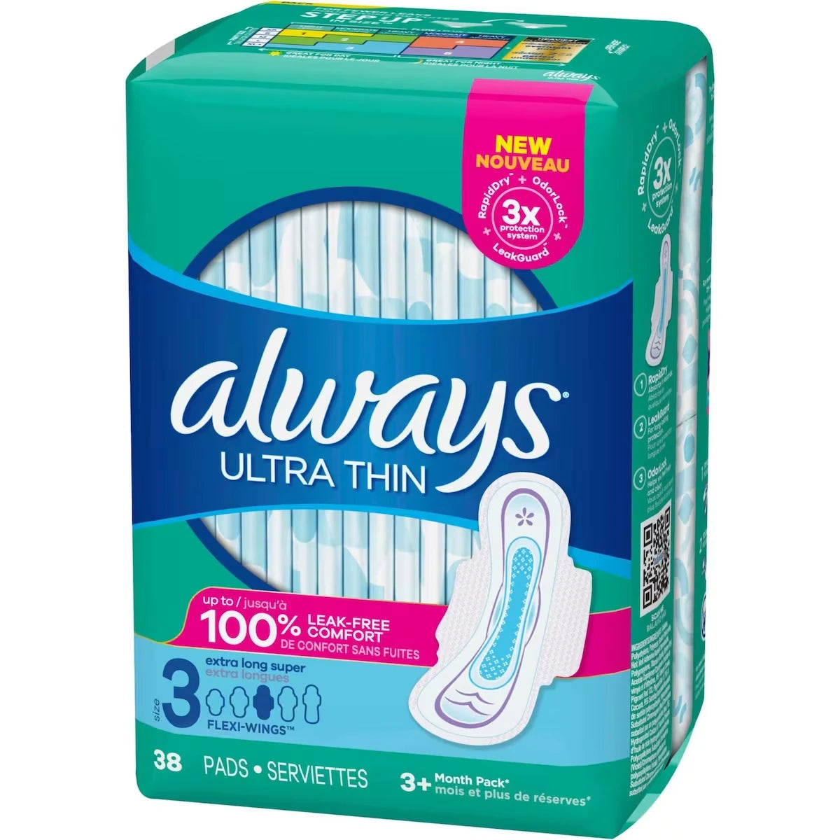 Serviettes Ultra Thin, extra longues Super avec ailes, taille 3, non parfumées, 38 serviettes