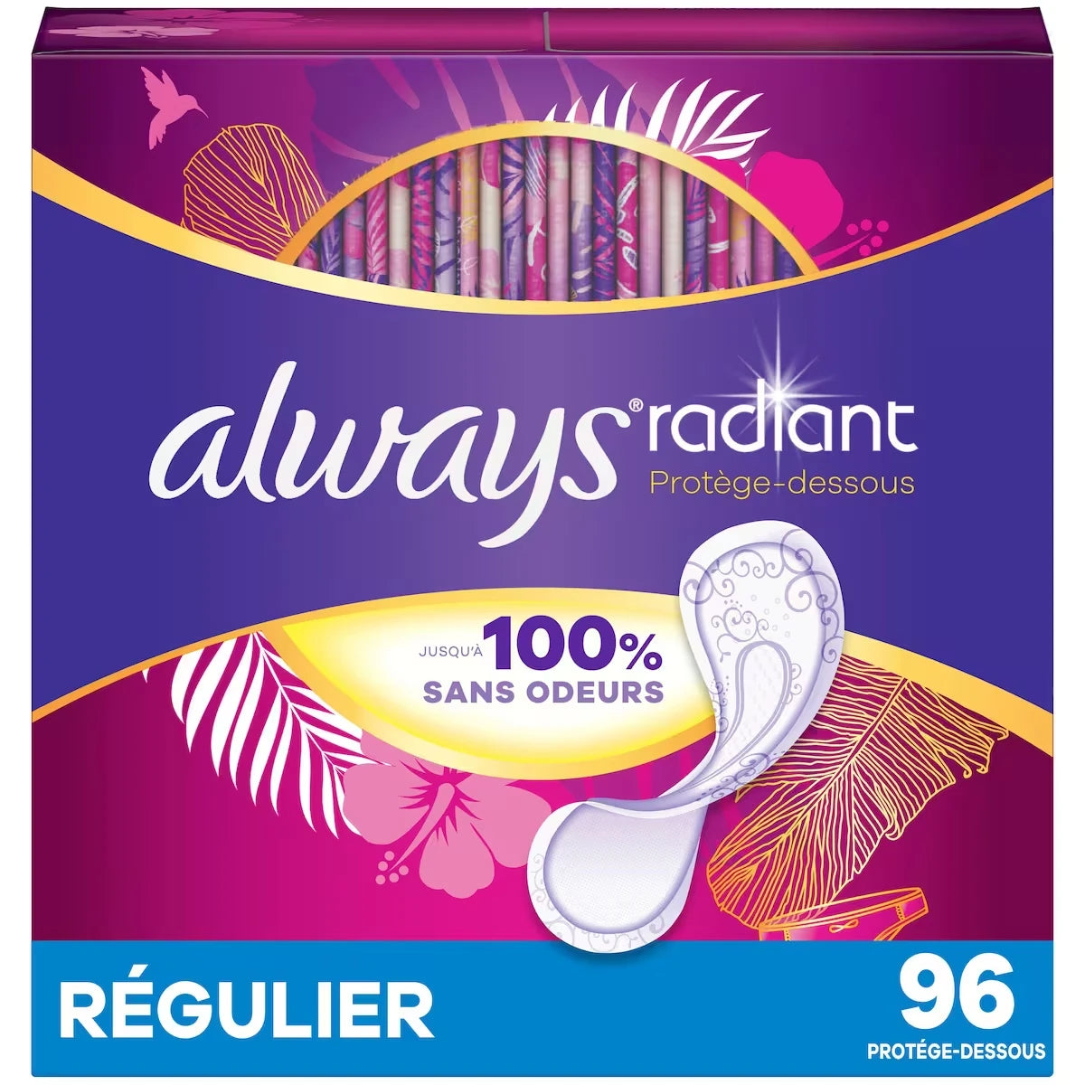 Protège-dessous quotidiens Radiant, degré d’absorption régulier, non parfumés, protection jusqu’à 100 % sans odeurs, 96 protège-dessous