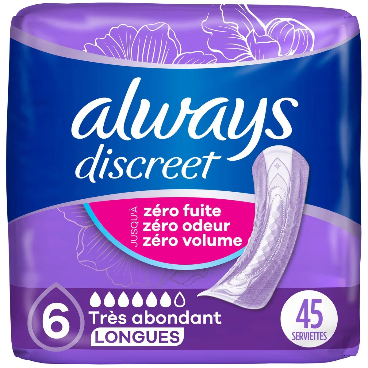 Serviettes d’incontinence et post-partum Always Discreet, très abondant longues, protègent jusqu’à 100 % contre les fuites urinaires