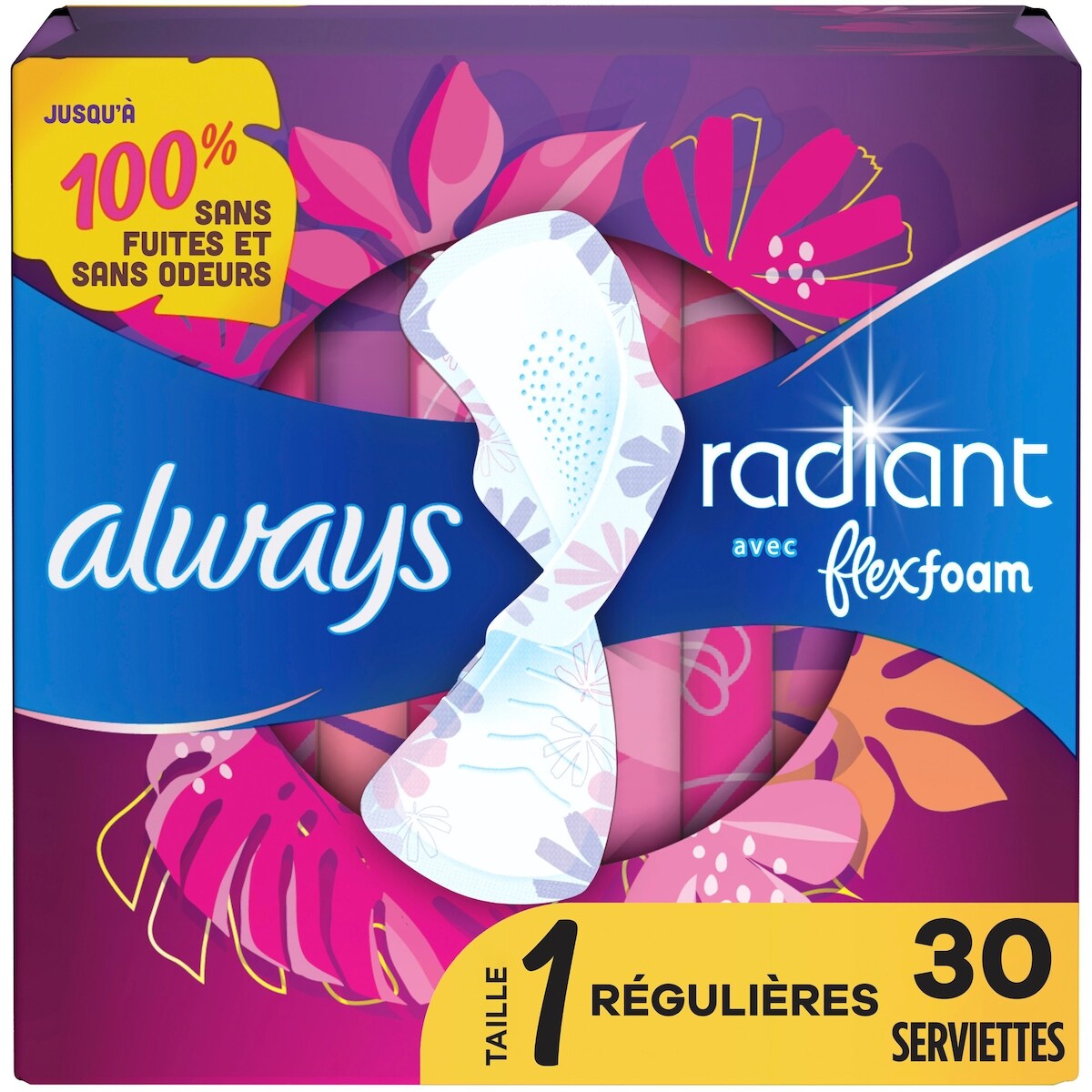 Serviettes Radiant FlexFoam, taille 1, degré d’absorption régulier, protection sans fuites ni odeurs à 100 %, avec ailes, parfumées, 30u