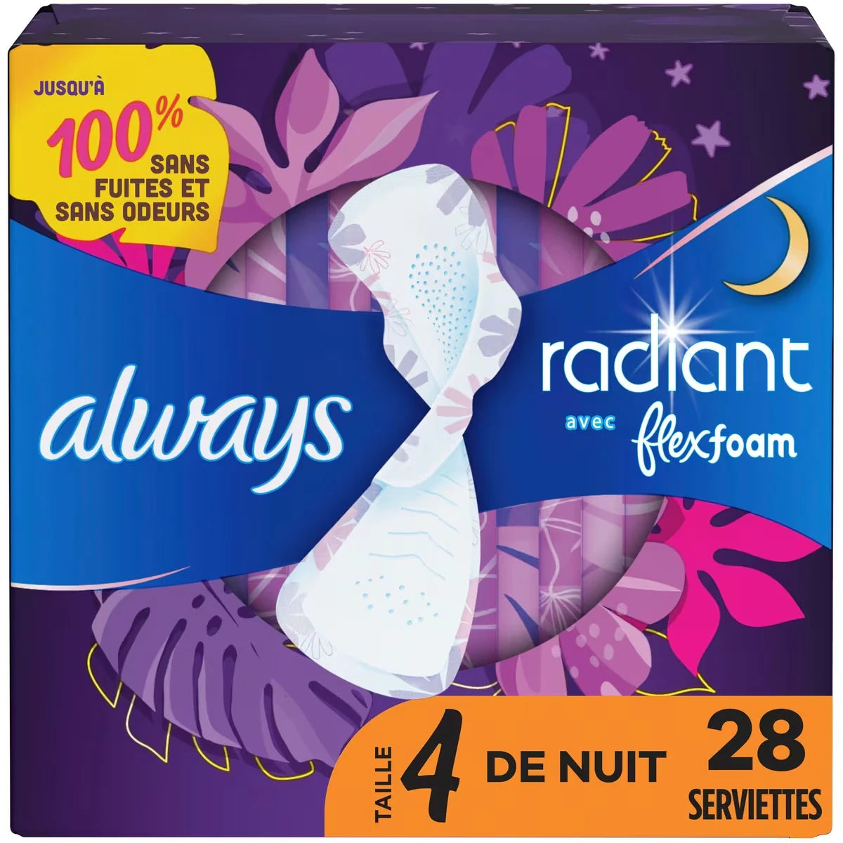 Serviettes Radiant FlexFoam, taille 4, degré d’absorption de nuit, protection sans fuites ni odeurs à 100 %, avec ailes, parfumées, 28 u