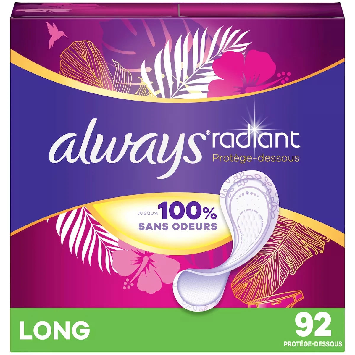 Protège-dessous quotidiens Radiant longs, non parfumés, protection jusqu’à 100 % sans odeurs, 92 protège-dessous