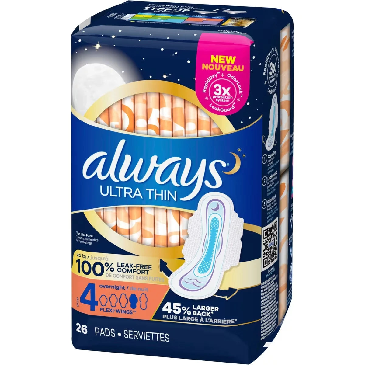 Serviettes Ultra Thin de nuit avec ailes, taille 4, non parfumées, 26 serviettes