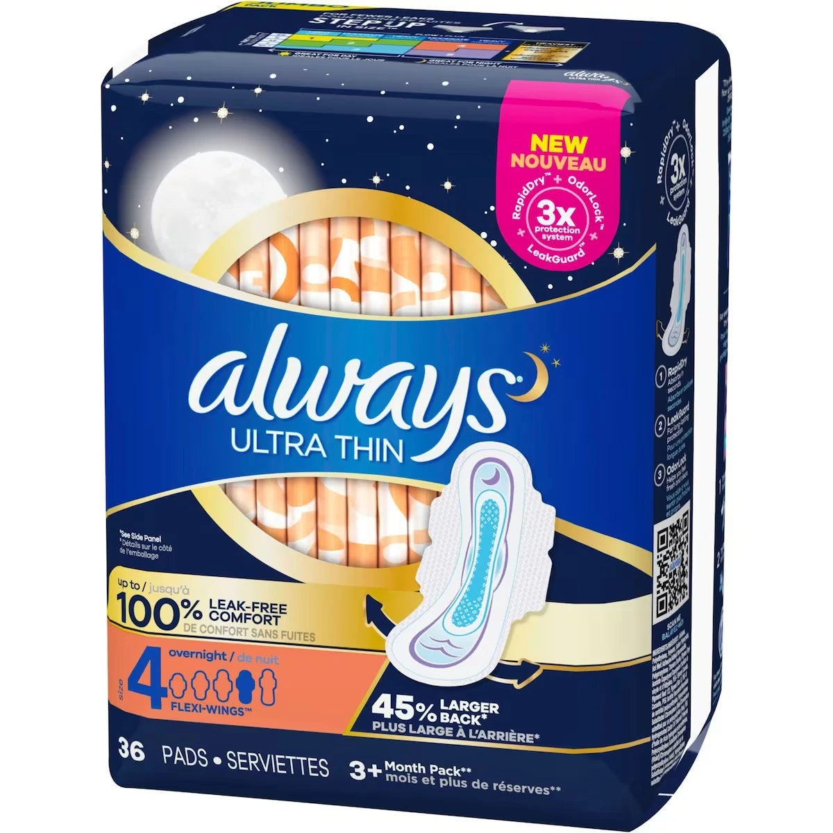 Serviettes Ultra Thin, de nuit, avec ailes, degré d’absorption de nuit, taille 4, non parfumées, 36 serviettes