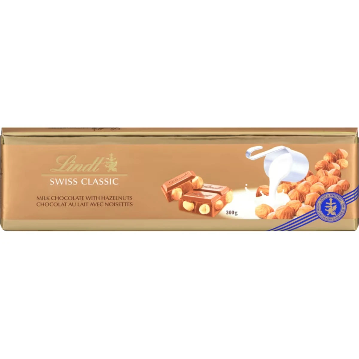 Chocolat au lait avec noisettes Lindt SWISS CLASSIC Gold – Barre 300 g