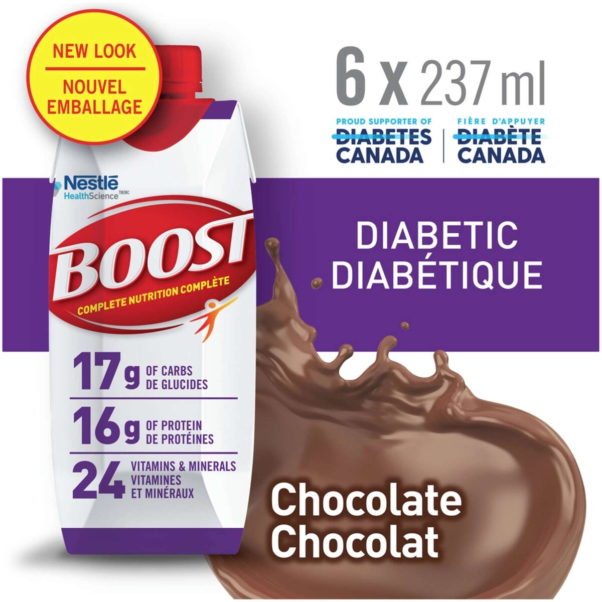 Supplément nutritionnel BOOST® Diabétique, chocolat, emb. de 6, 6 x 237 ml