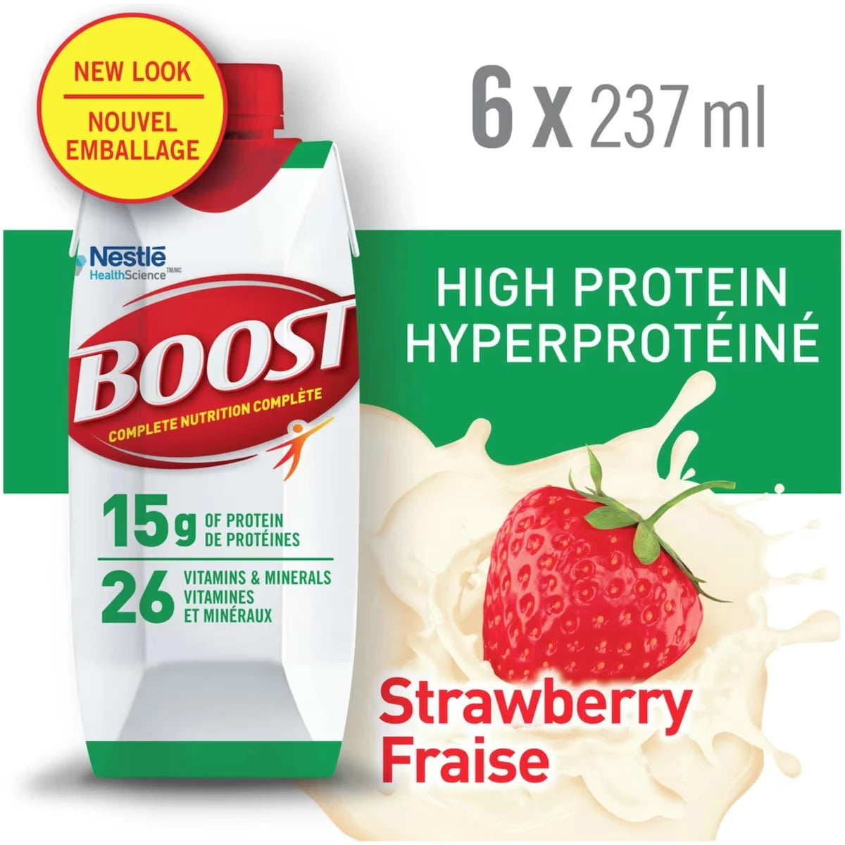 Substitut de repas BOOST® Hyperprotéiné, fraise, emb. de 6, 6 x 237 ml