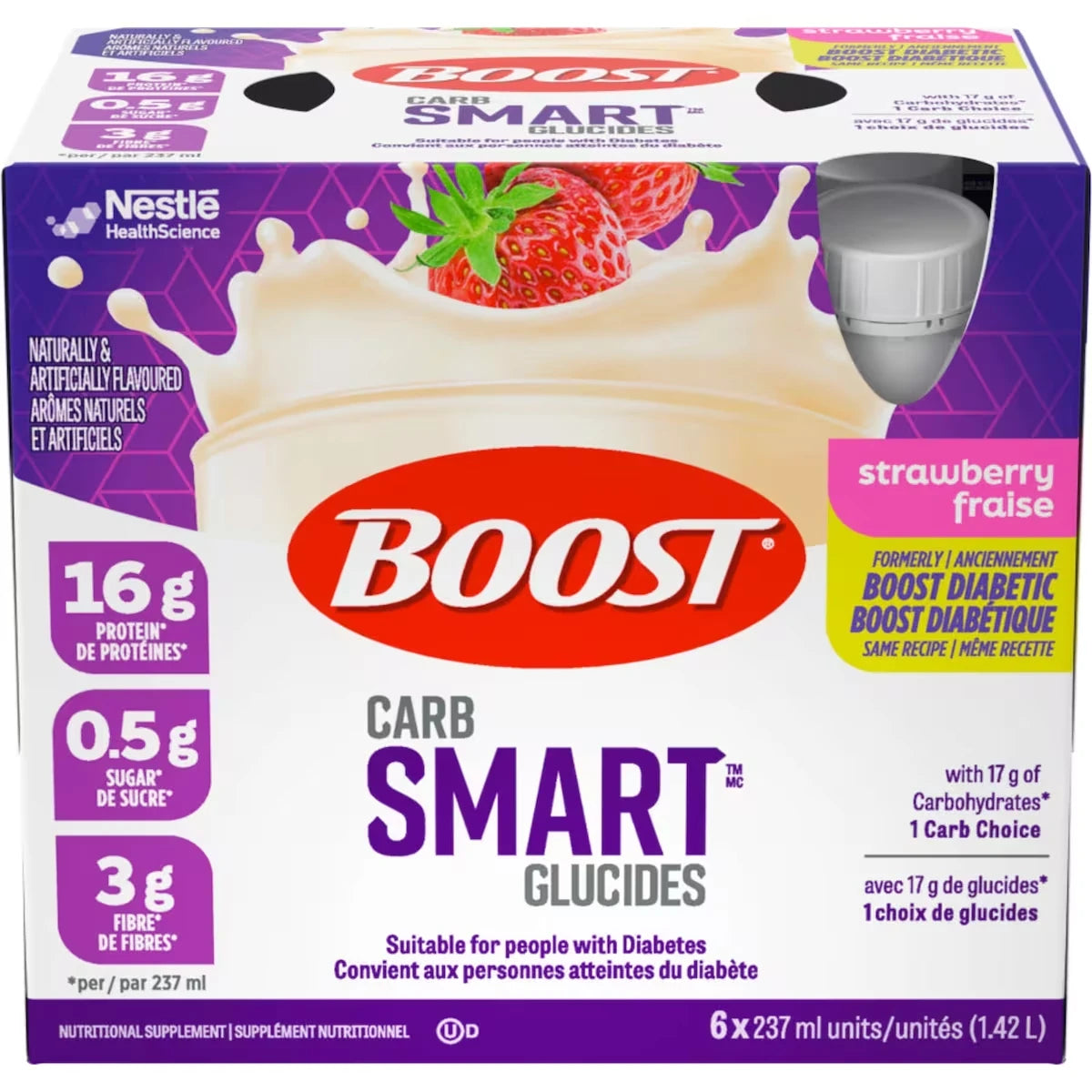 Supplément nutritionnel BOOST® Diabétique, fraise, emb. de 6, 6 x 237 ml