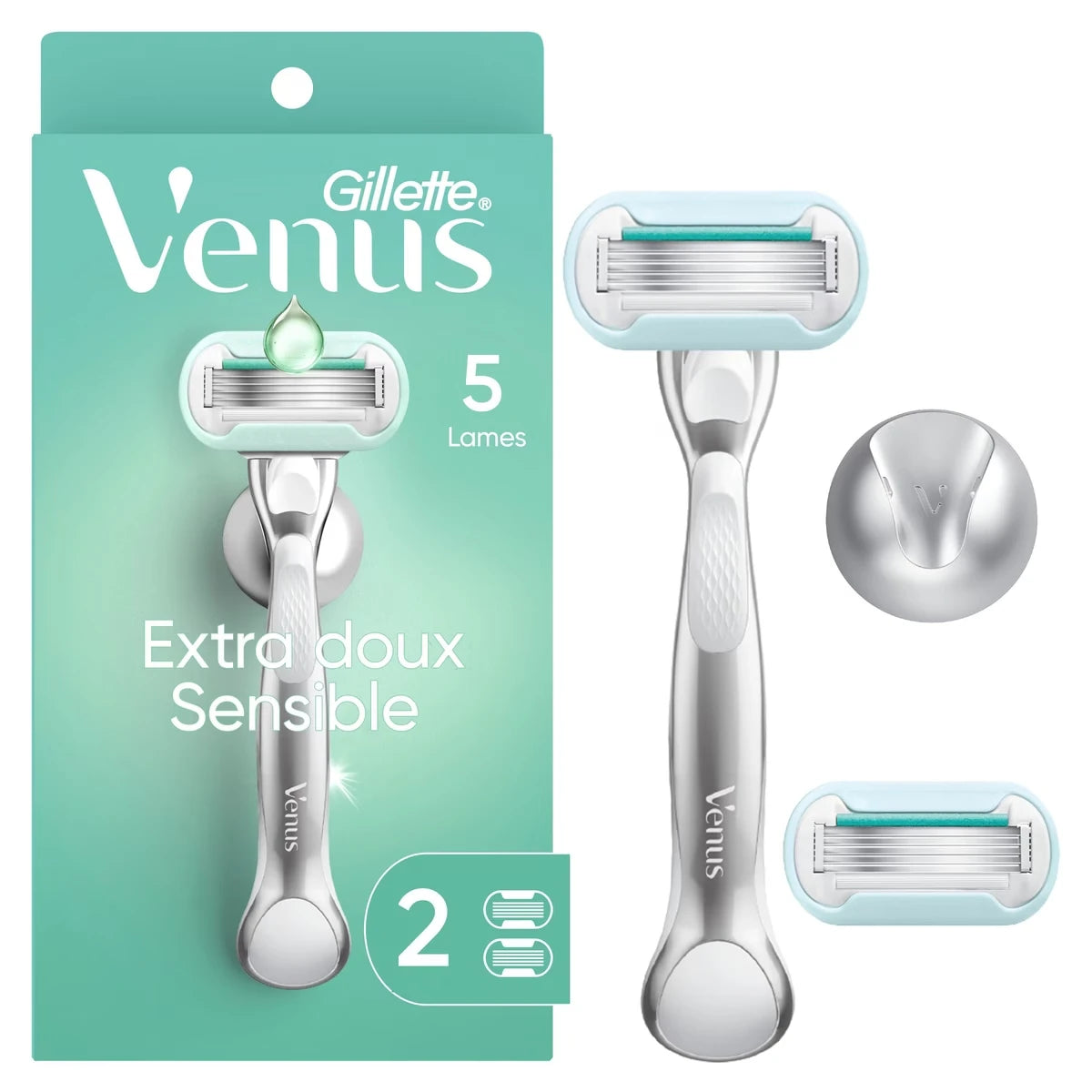 Rasoir Extra doux Sensible pour femmes avec manche de rasoir réutilisable, 2&nbsp;cartouches de rechange et un support pour la douche