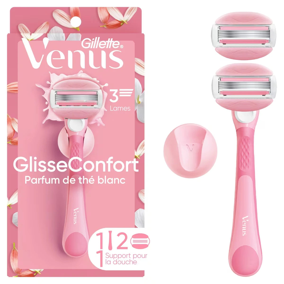Rasoir GlisseConfort pour femmes, parfum de thé blanc, manche de rasoir réutilisable, 2&nbsp;cartouches de rechange et un support pour la douche