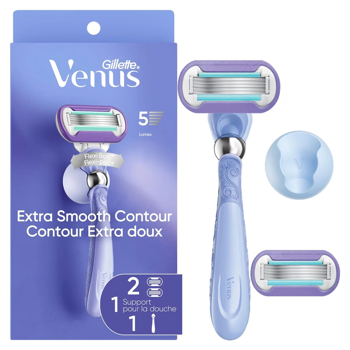 Rasoir Extra doux Contour pour femmes avec manche de rasoir réutilisable, 2&nbsp;cartouches de rechange et un support pour la douche