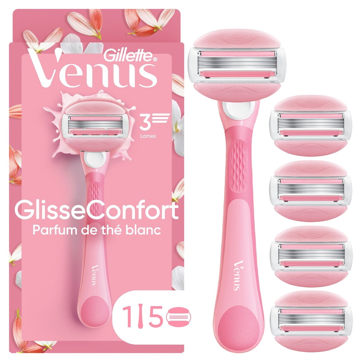 Glisseconfort Thé blanc pour femmes, 1&nbsp;manche de rasoir et 5&nbsp;cartouches de rechange