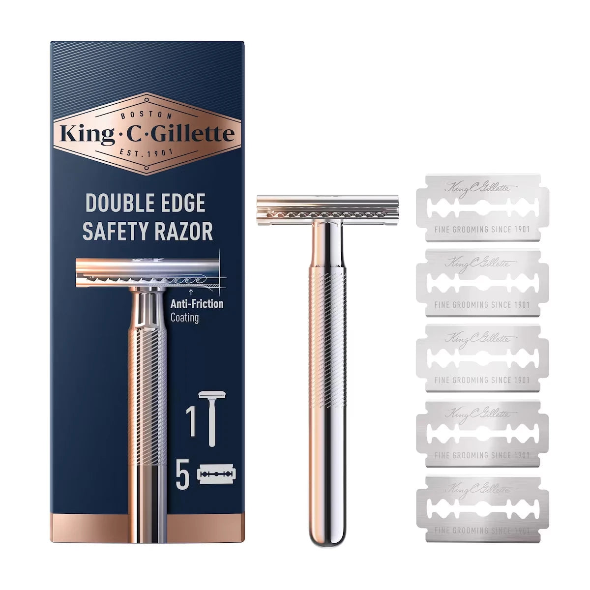Manche de rasoir de sûreté à double tranchant King C. et 5&nbsp;lames en acier inoxydable avec revêtement antifriction