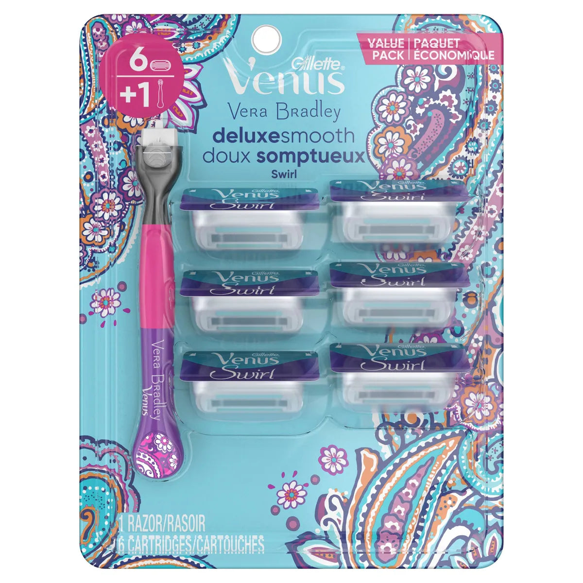 Rasoir Gillette Vera Bradley Doux somptueux pour femmes, manche avec 6 cartouches