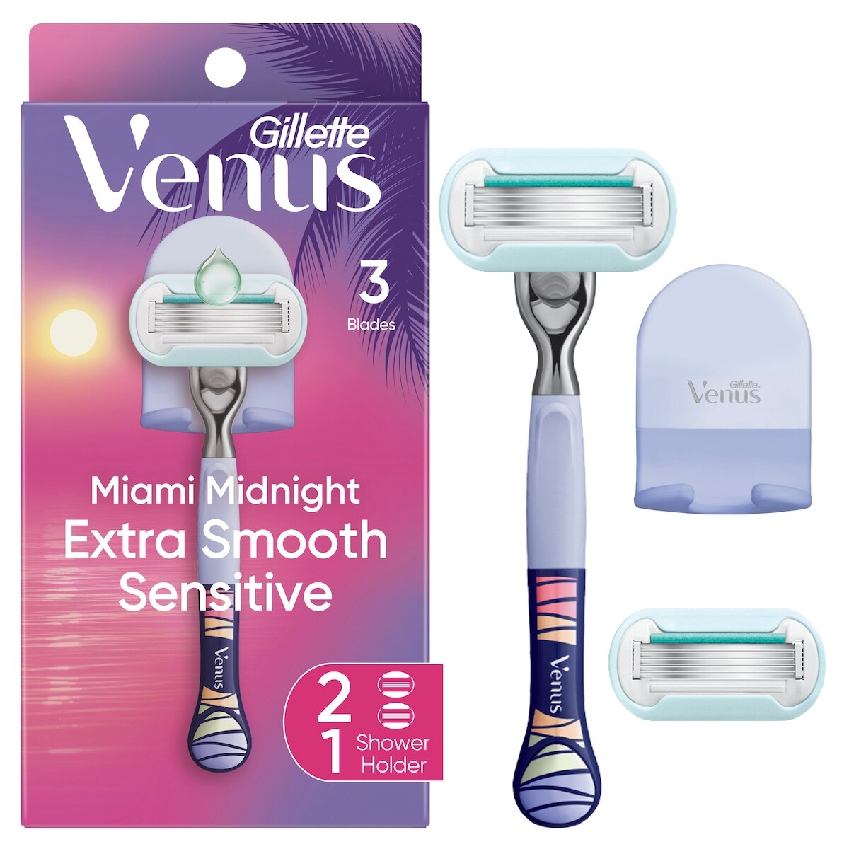 Manche de rasoir Gillette Minuit à Miami Extra doux Sensible, 2&nbsp;cartouches, 1&nbsp;crochet pour la douche