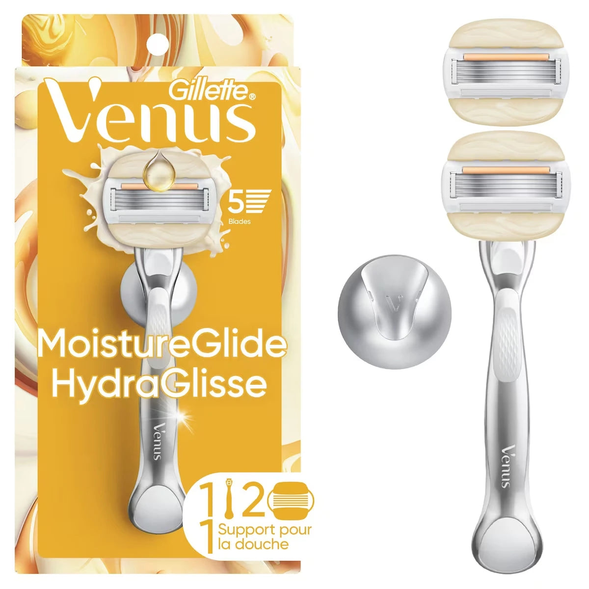 Rasoir HydraGlisse pour femmes, manche réutilisable, 2&nbsp;cartouches de rechange de rasoir et support pour la douche