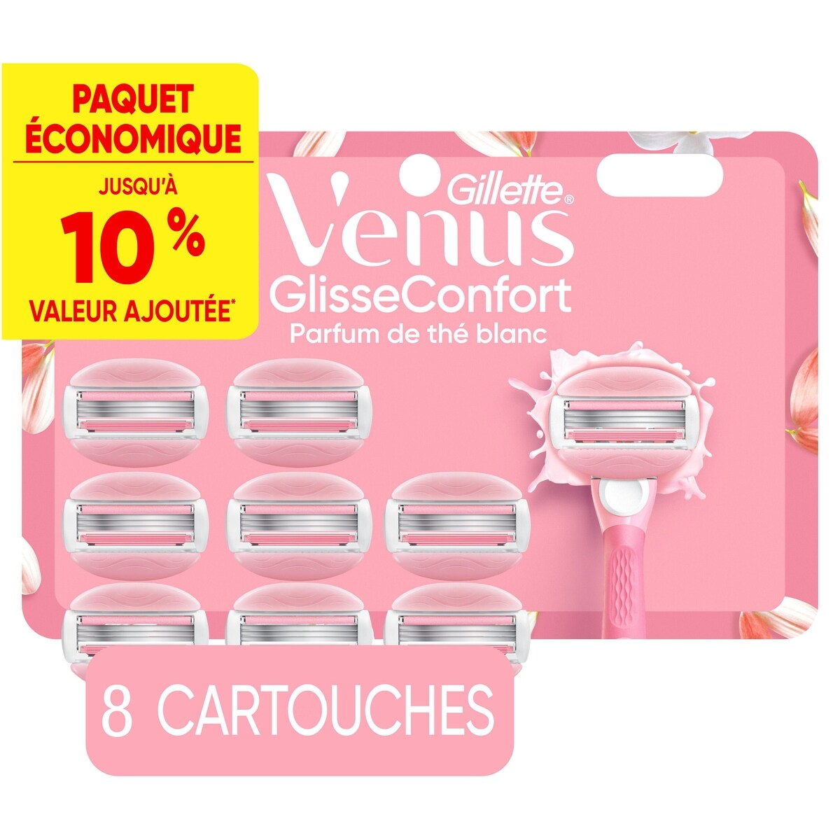 Cartouches de rechange de rasoir GlisseConfort, parfum thé blanc, pour femmes, avec barres de gel à raser intégrées, 8 unités