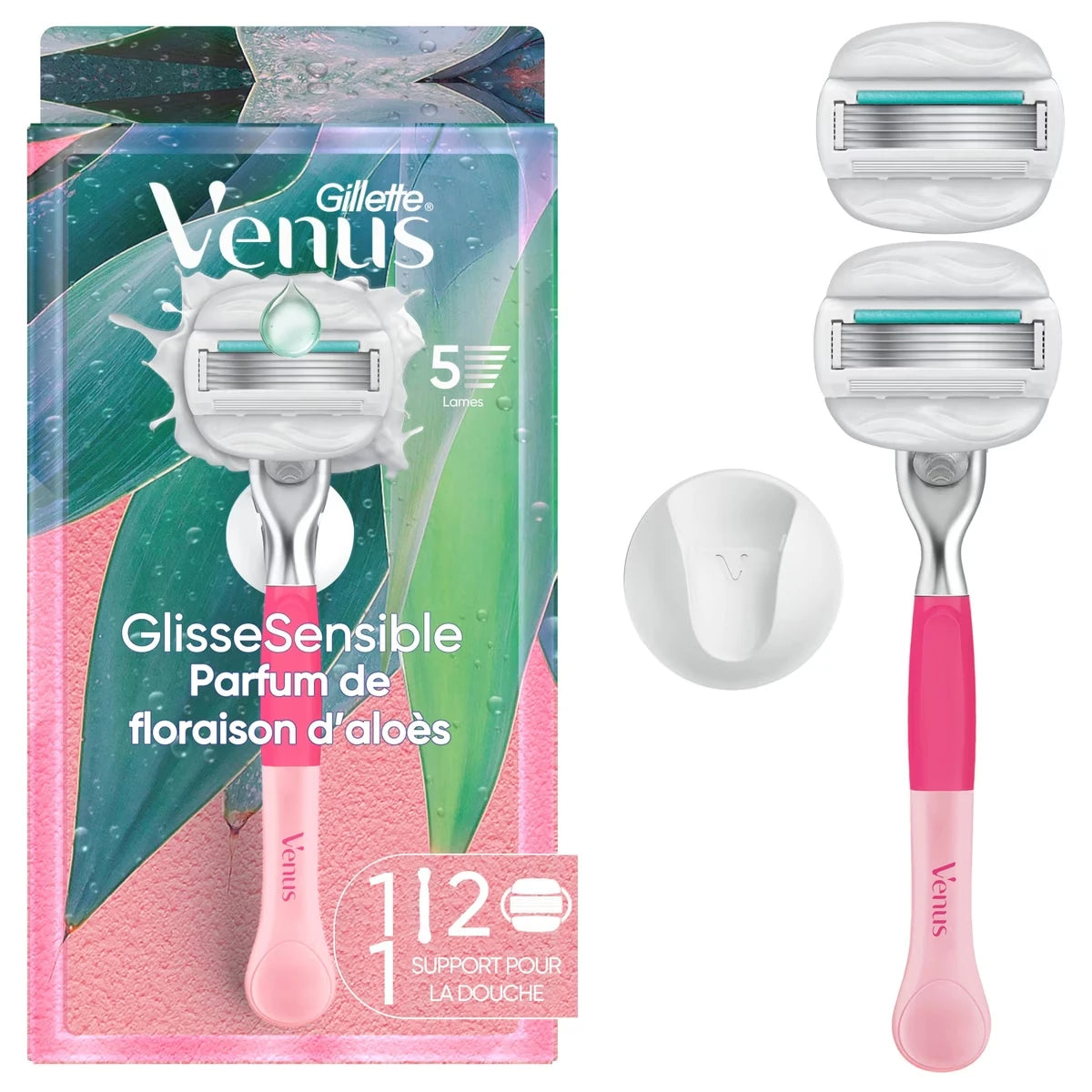 Rasoir GlisseSensible pour femmes, pour peau sensible, 2 cartouches de rechange, 1 manche en métal réutilisable et 1 support pour la douche, parfum Floraison d’aloès