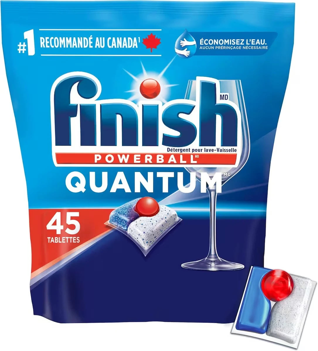 Finish Power Ball Quantum Lot de 45 capsules de détergent pour lave-vaisselle, pas besoin de pré-sinse, pour un nettoyage en profondeur et une brillance étincelante