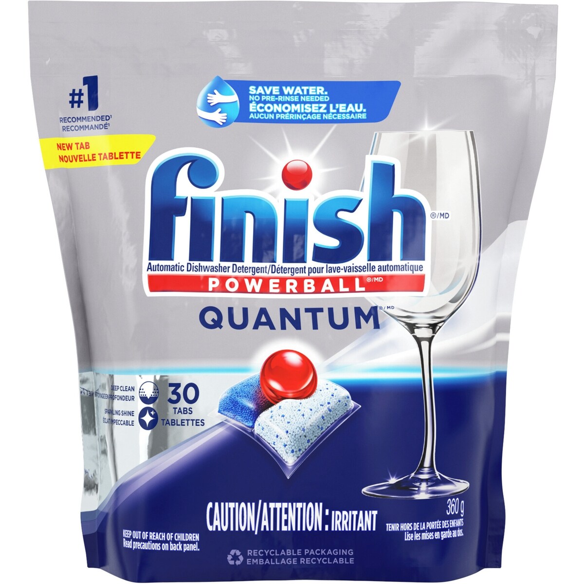 Finish Power Ball Quantum Lot de 30 capsules de détergent pour lave-vaisselle, pas besoin de pré-sinse, pour un nettoyage en profondeur et une brillance étincelante