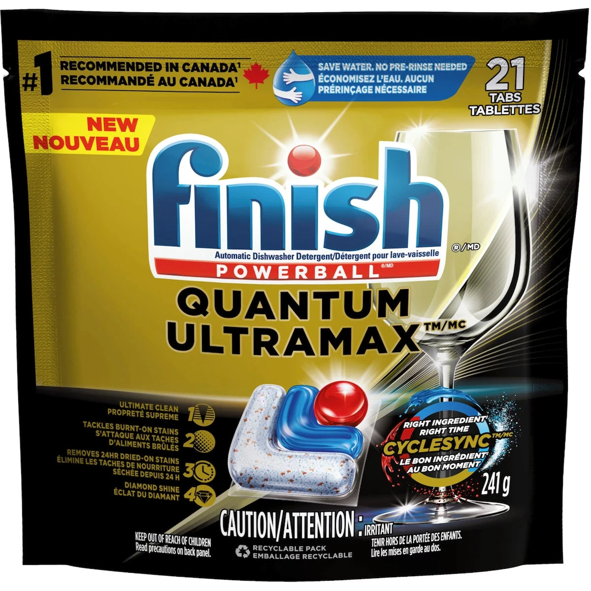 Quantum UltraMax Lot de 21 pastilles de détergent pour lave-vaisselle Diamond Shine, élimine les taches brûlées et séchées pendant 24 heures, pas de pré-rinçage nécessaire, 21 comprimés