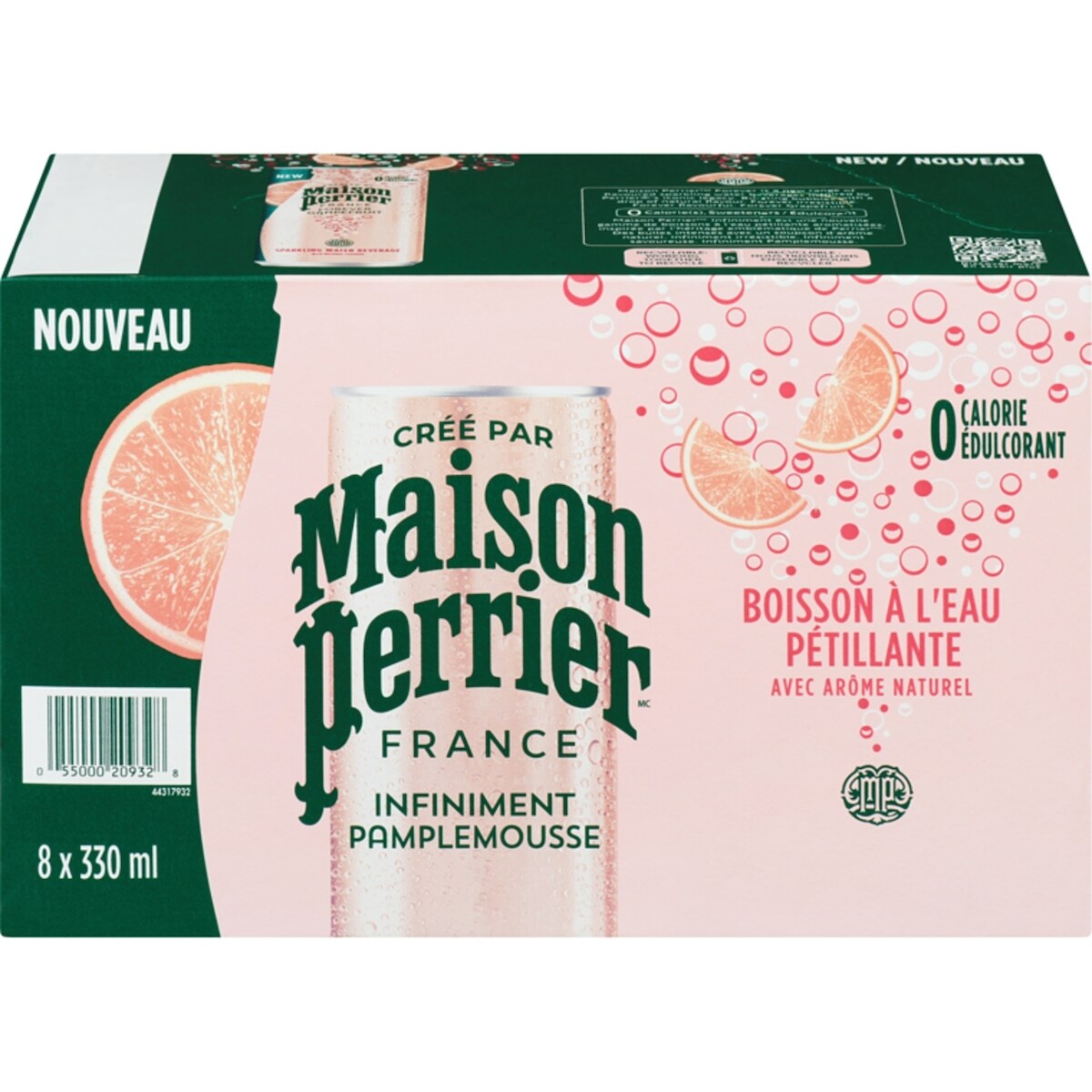 Infiniment Pamplemousse, boisson à l'eau pétillante, arôme naturel de pamplemousse, sans calorie, sans édulcorant, sans sodium, recueillie et embouteillée en France