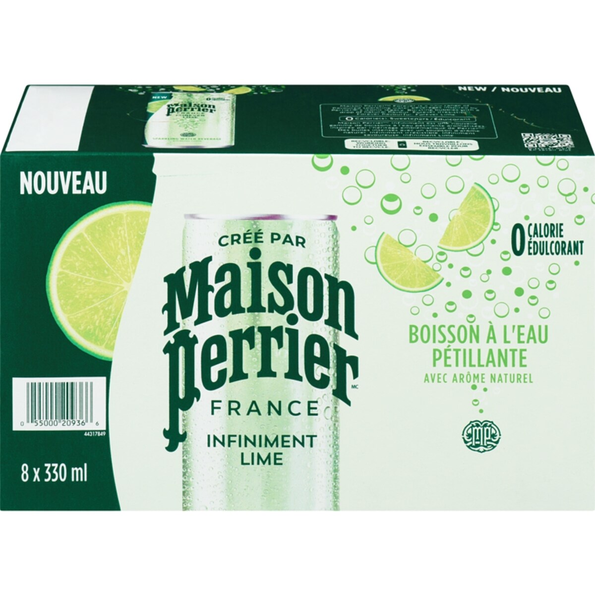 Infiniment Lime, boisson à l'eau pétillante, arôme naturel de lime, sans calorie, sans édulcorant, sans sodium, recueillie et embouteillée en France
