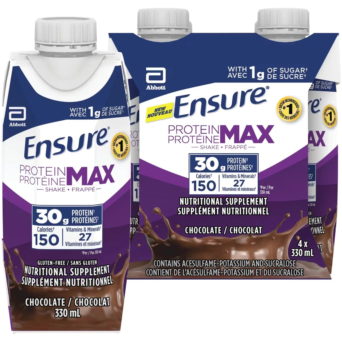 Supplément nutritionnel oral Ensure Protéine Max 30 g, boisson protéinée au chocolat avec 30 g de protéines de haute qualité et 1 g de sucre, 330 mL (emballage de 4), 1320 mL
